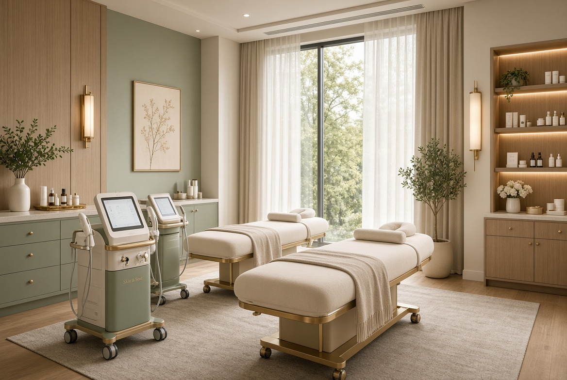 The treatment suite — Haus towers, lake light, linen beds